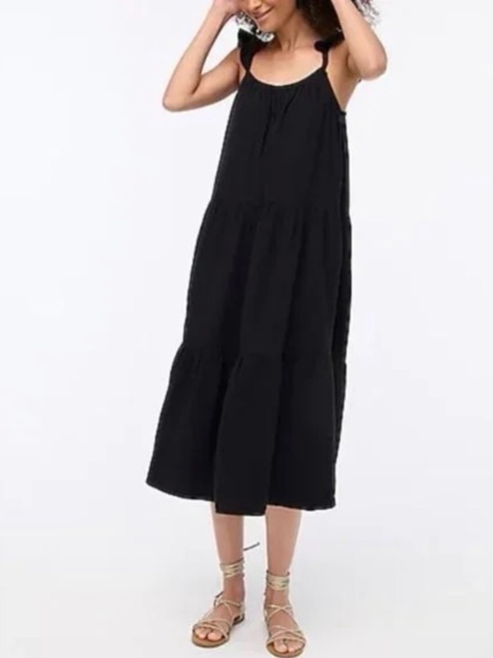 J. Crew Ruffle Strap Cotton Gauze Black Midi Dress size L new